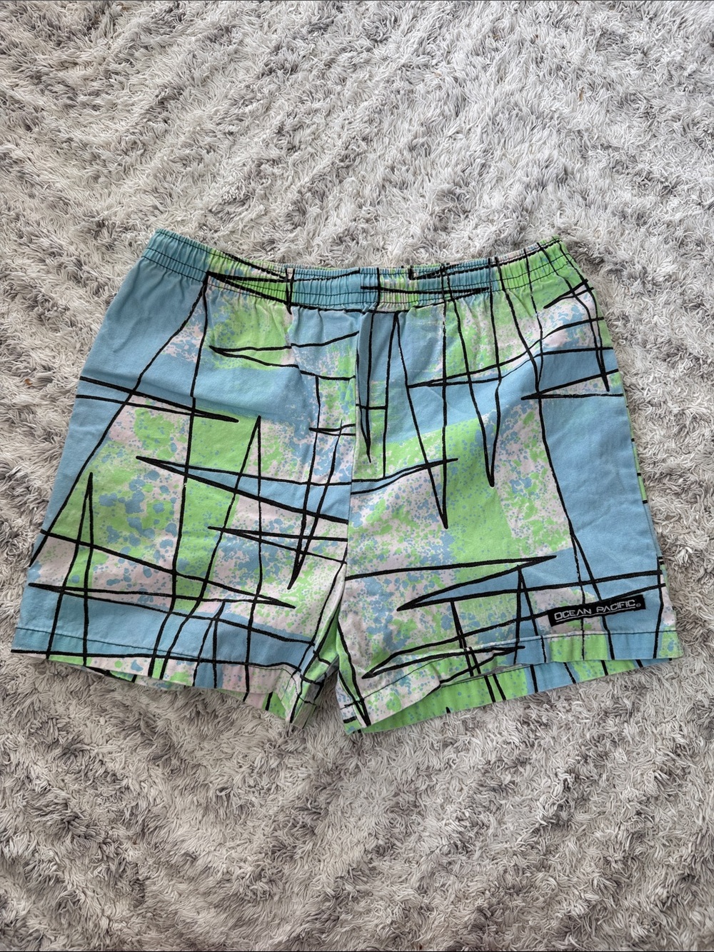 Size 8 ocean Pacific 80s vintage OP Boys Blue & Green Graphic Swim Trunks